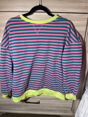 Women’s Striped Crewneck Sweatshirt - Pink & Teal with Neon Trim